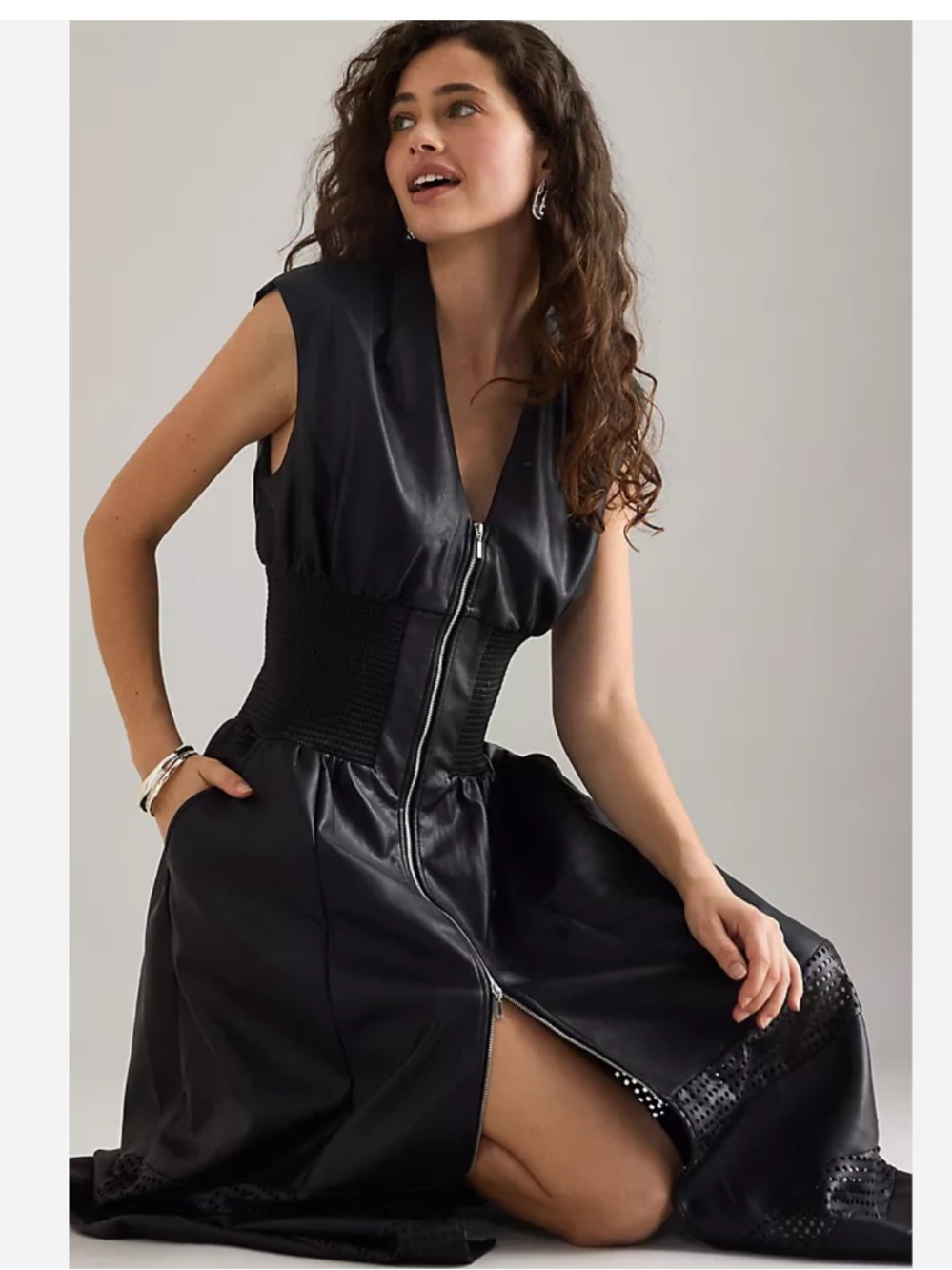 NWT Anthropologie The Tommie Faux Leather Midi Shirt Dress Front Zip in Black,M